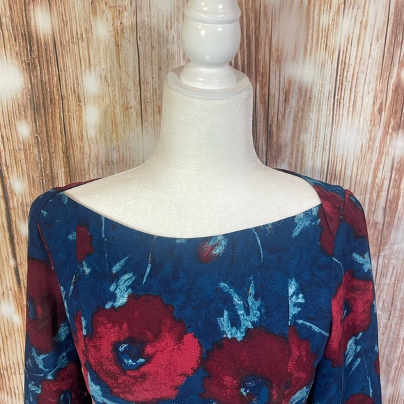 Black Halo Sheath Dress Womens 8 Floral Petrol Blue Red Zipper Side Slit - Picture 2 of 9